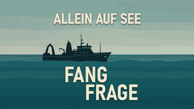 Ein Boot auf dem Meer mit dem Text "Allein auf See" und "Fangfrage" darüber.