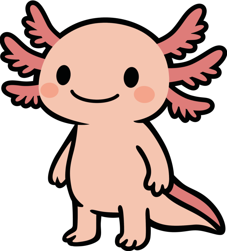 Man sieht Axo-Lotta. Sie ist das Maskottchen von Didact Games und ein Axolotl.