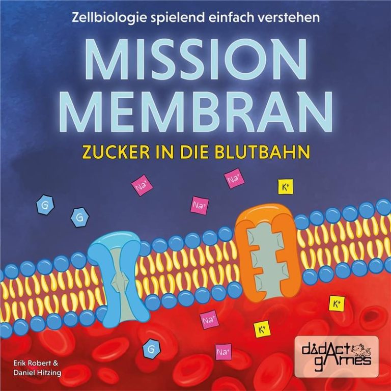Brettspiel mit dem Titel „Mission Membran“ zum Thema Zellbiologie und Zuckertransport.