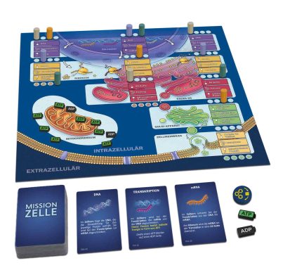 Brettspiel über Zellen mit Spielkarten, Figuren und einem bunten Spielfeld.