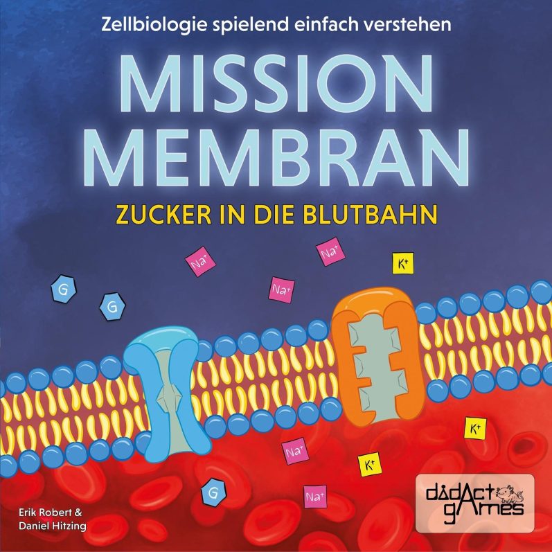 Mission Membran: Zucker in die Blutbahn Brettspiel mit dem Titel „Mission Membran“ zum Thema Zellbiologie und Zuckertransport.