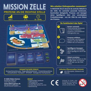 Spielanleitung für „Mission Zelle“ mit Spielbrett und Symbolen zur Handhabung.
