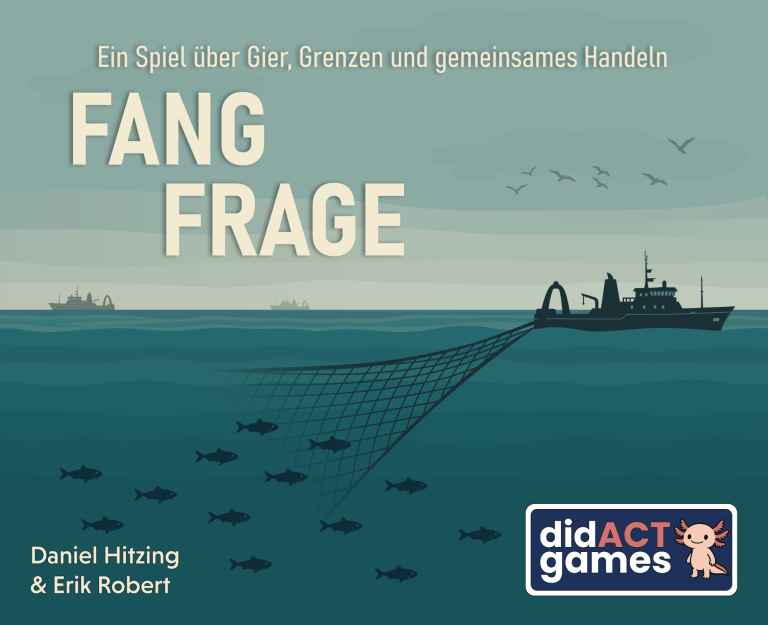 Bunte Illustration mit Fischerbooten und Fischen, Titel „FangFrage“.